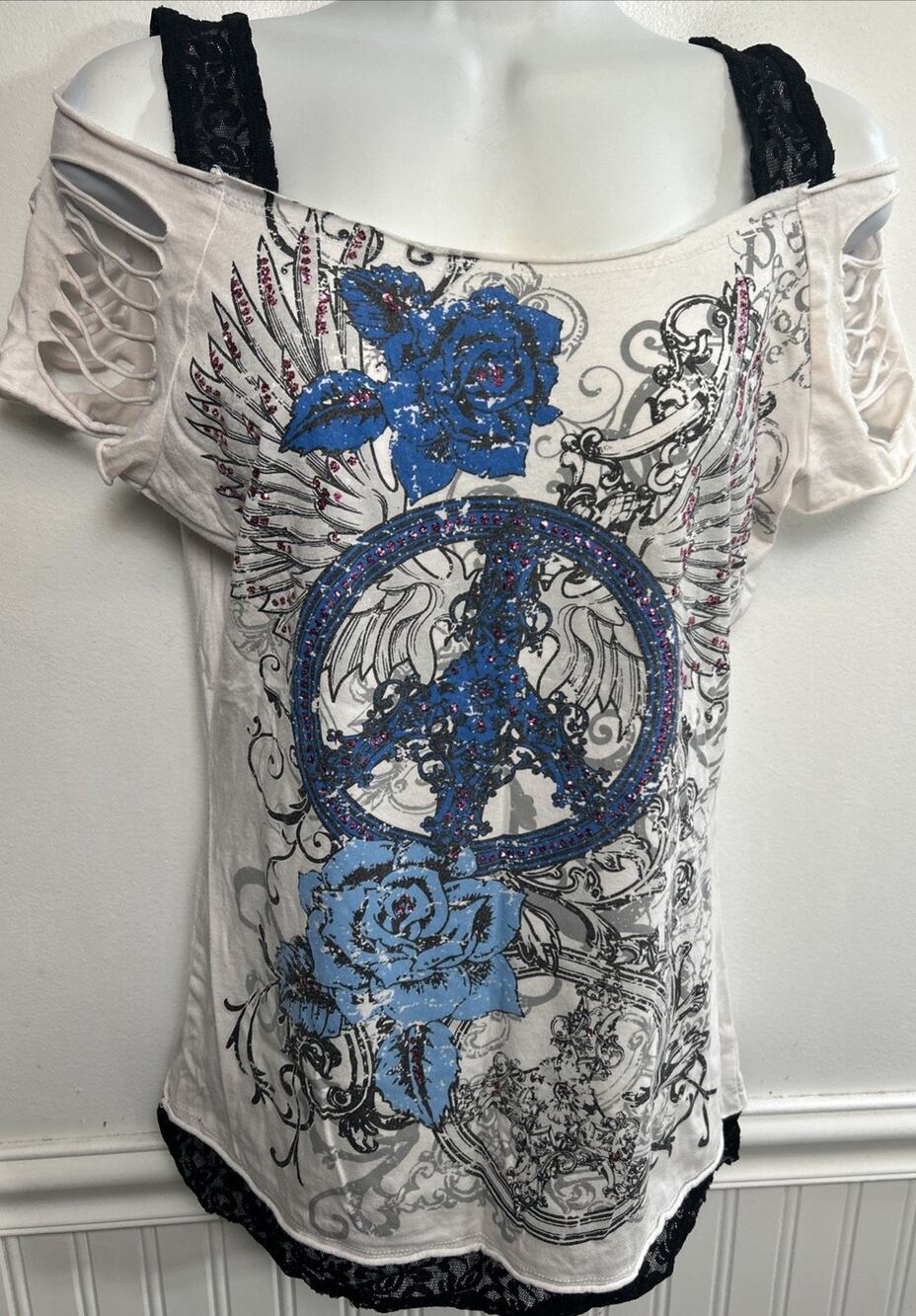 Vintage Y2K Bongo Top Tee Top TShirt Women's XL Beaded Print Wings Roses Cutouts